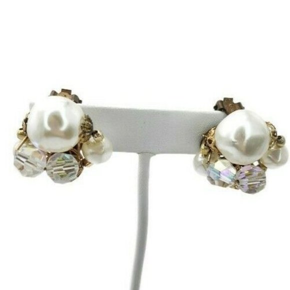 Earrings Clip On Faux Pearl AB Rhinestone Vintage - Picture 1 of 12